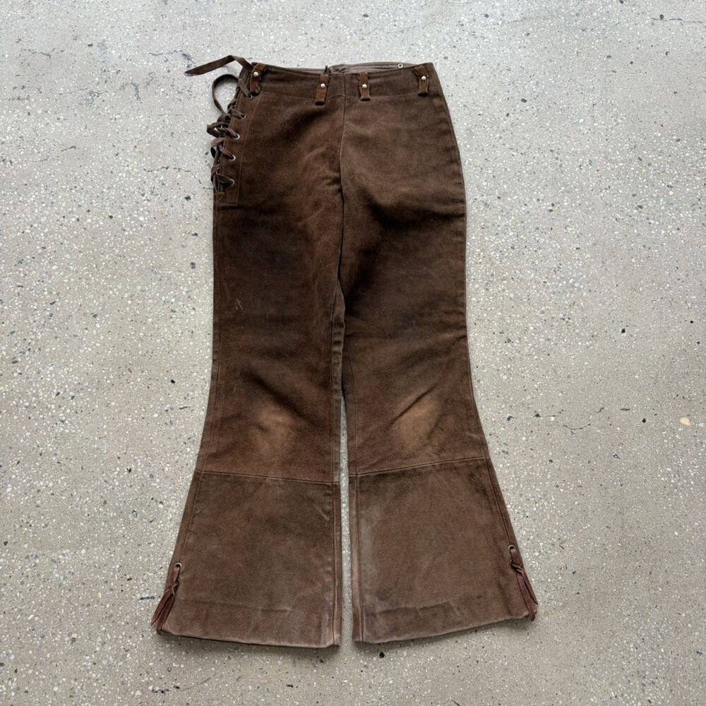 Vintage 70s Brown Suede Leather Bell Bottom Pants 25x26